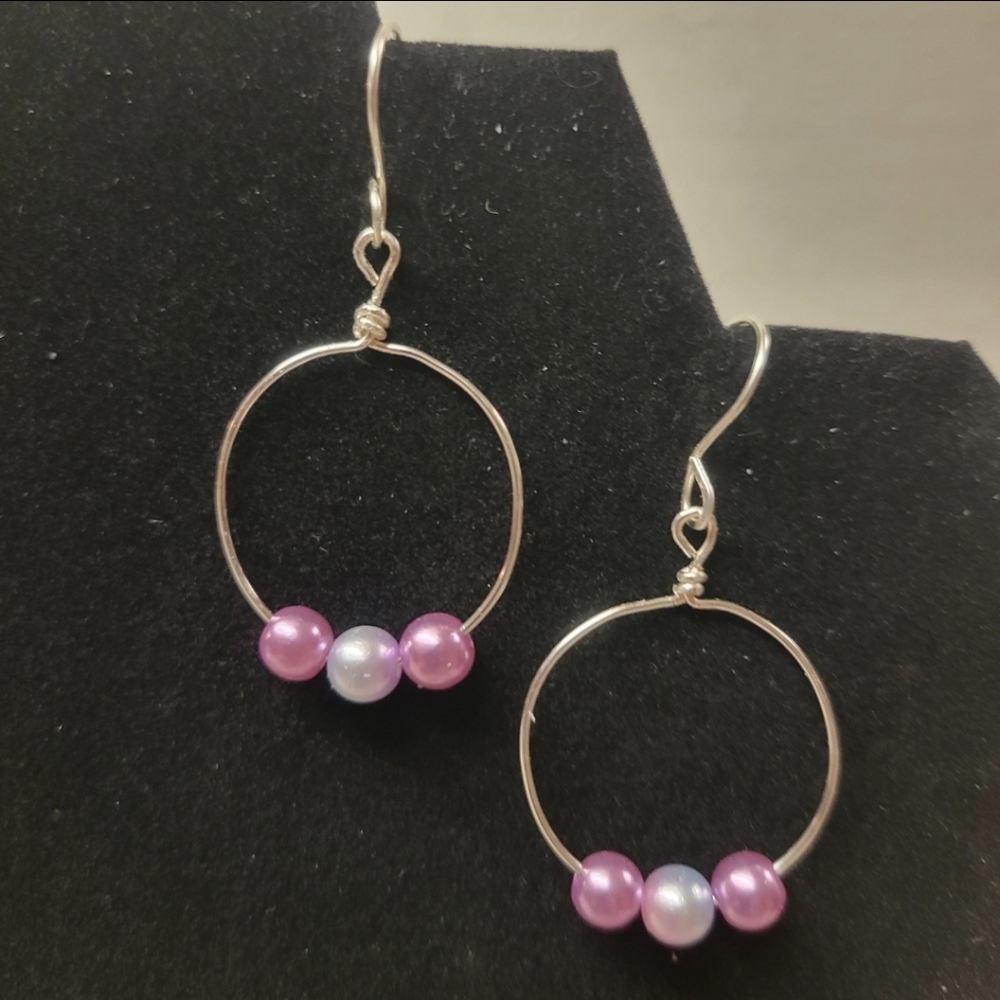 Silver, Pink Faux and White Faux Pearl Hoop Earrings